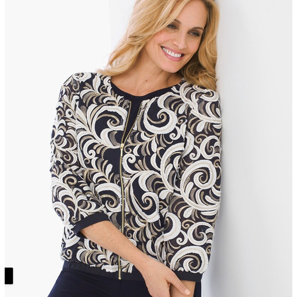 NWT Chico's Travelers Collection Scrolled Bomber Jacket Size 2 Large Navy Gold - Picture 3 of 11